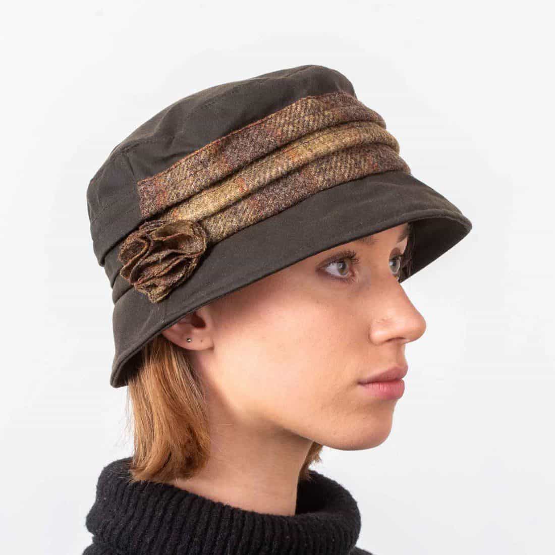 Katie Women’s Waxed Hat – Green Wax with Rustic Brown Tweed Band