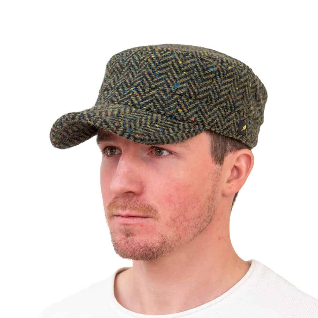 Kerry Tweed Military Hat - Cadet Cap - Green Herringbone - Irish Caps – Heritage Style for Every Generation