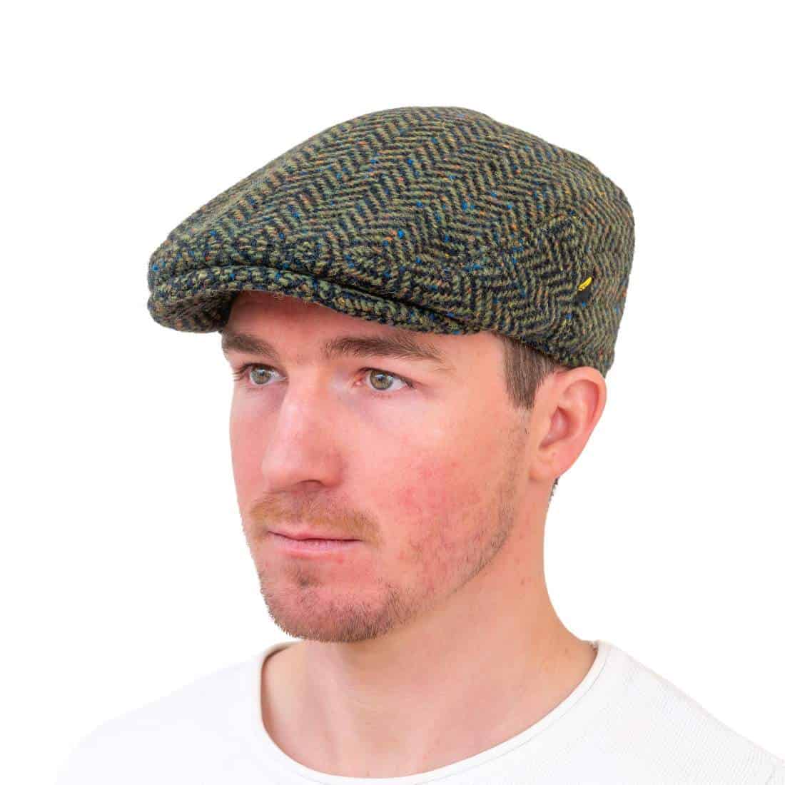 Green Herringbone Kerry Tweed Flat Cap - Heavyweight Tweed